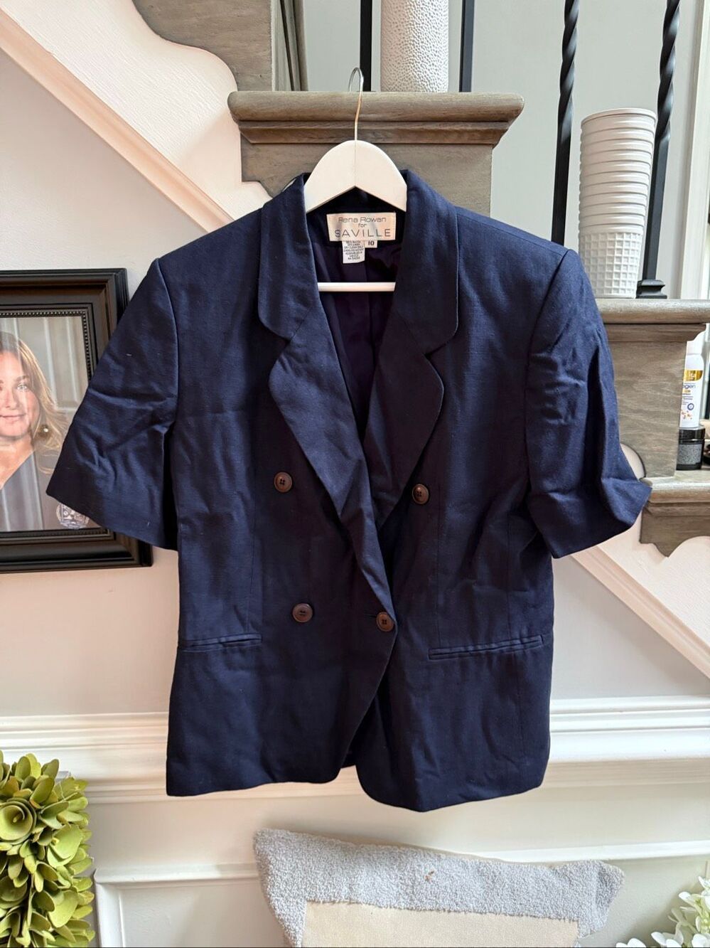 Rena Rowan Navy Short Sleeve Double Breasted Linen Blend Jacket sz 10 EUC
